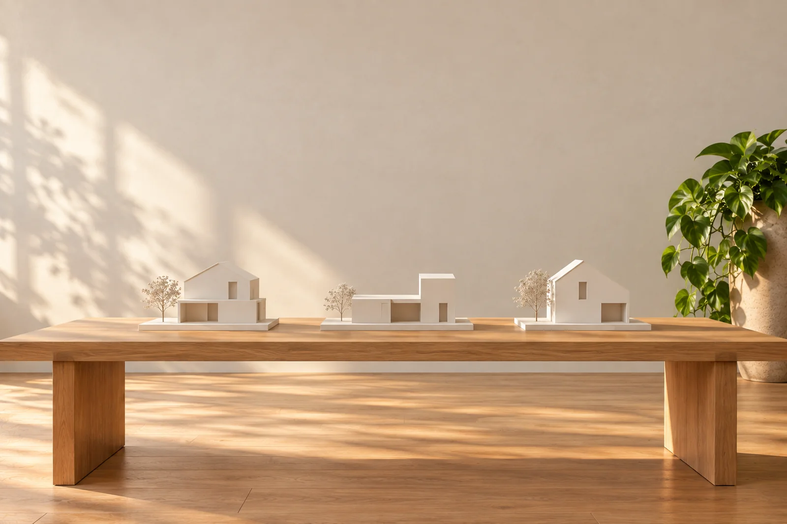 A long table with three white card models of houses in a row