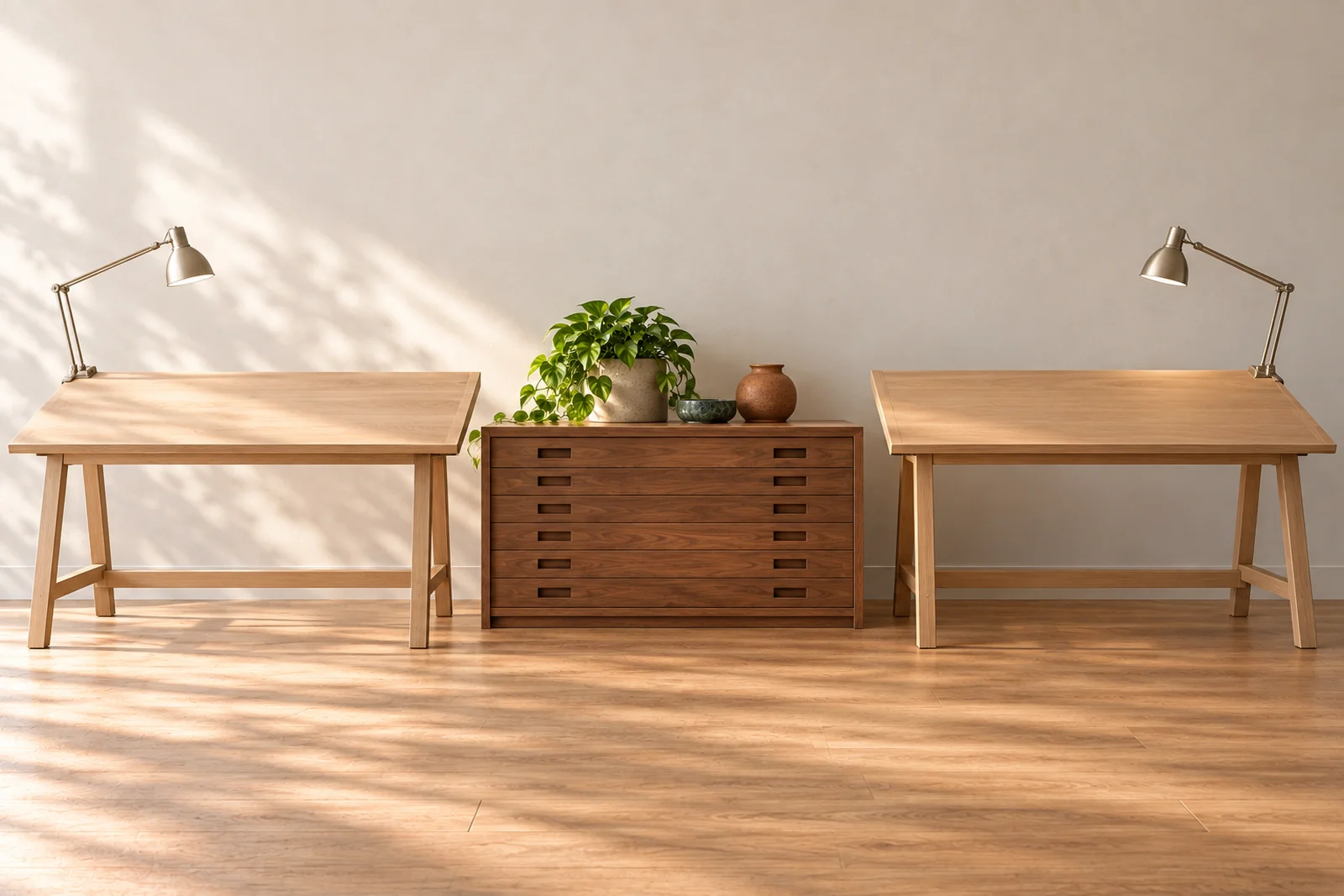 Two identical desks side by side with drafting lamps and a shared plan chest between them