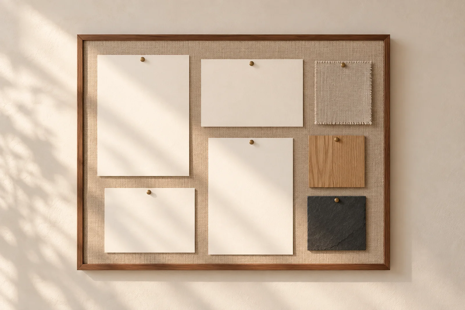A pinboard of blank sketch sheets with oak, slate and linen samples