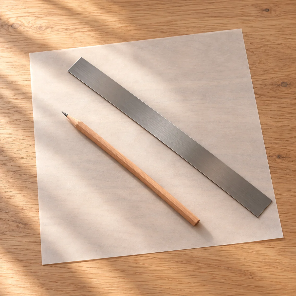 A steel rule and a sharpened pencil on a sheet of tracing paper