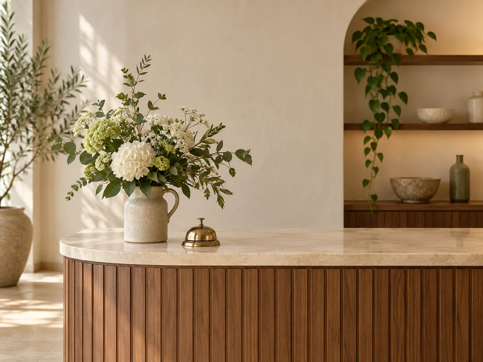 A salon reception desk with a brass bell and a jug of fresh flowers