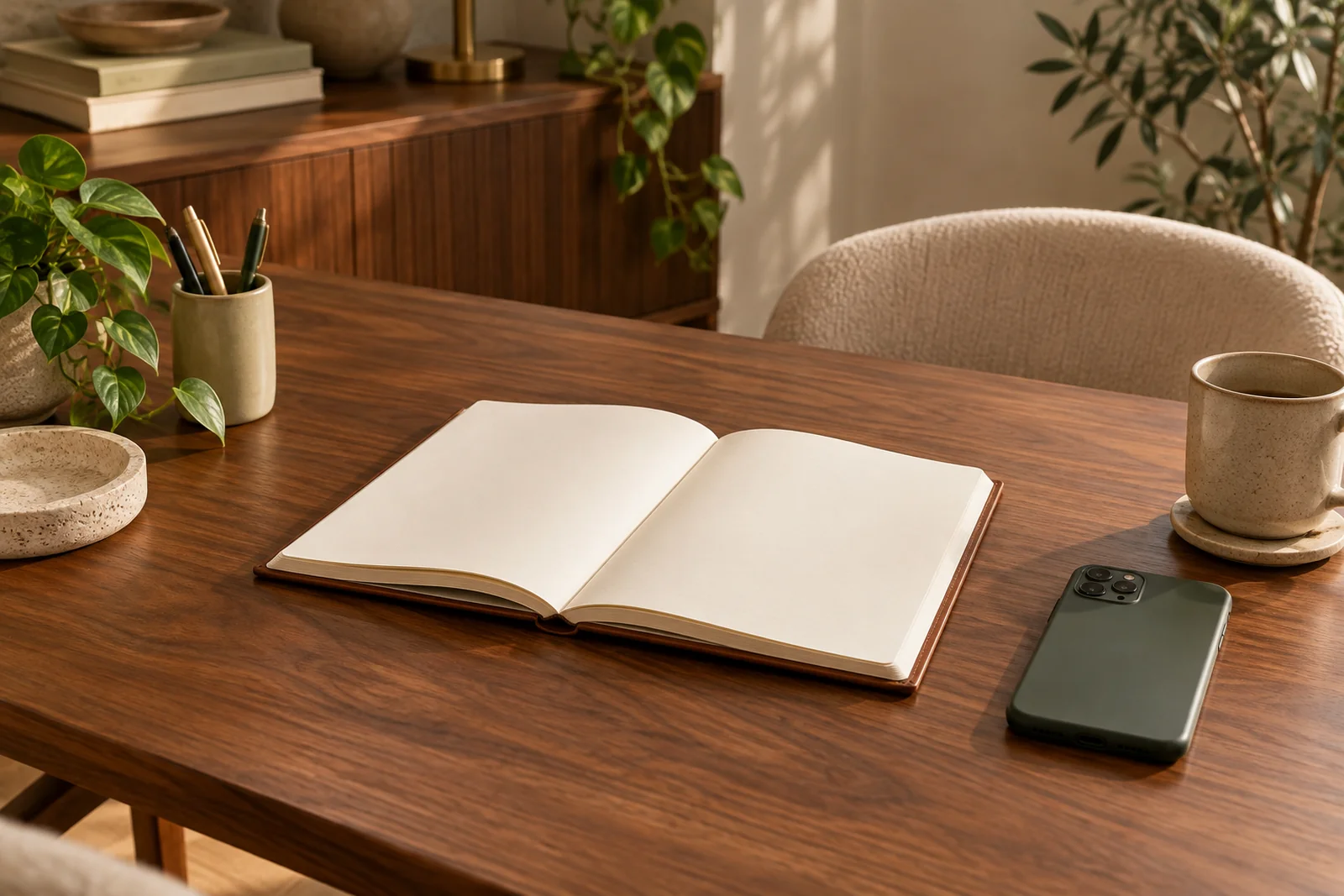 An appointment book open on a salon desk beside a phone lying face down