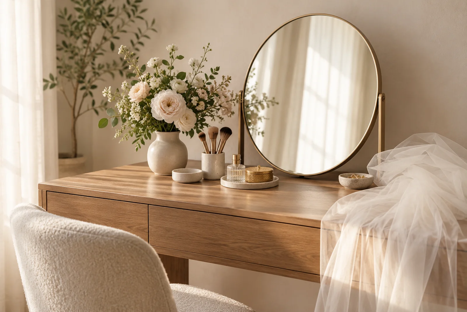 A bridal dressing table with a folded veil, a brush set and fresh flowers