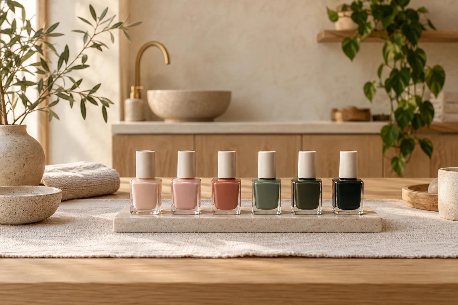 A nail bar with a row of unlabelled polish bottles on linen