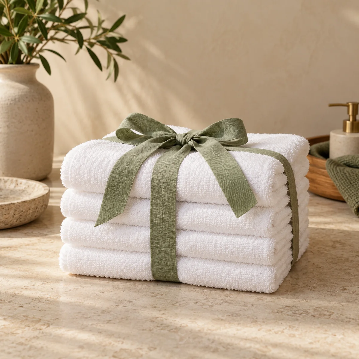 A stack of folded white towels tied with a sage ribbon