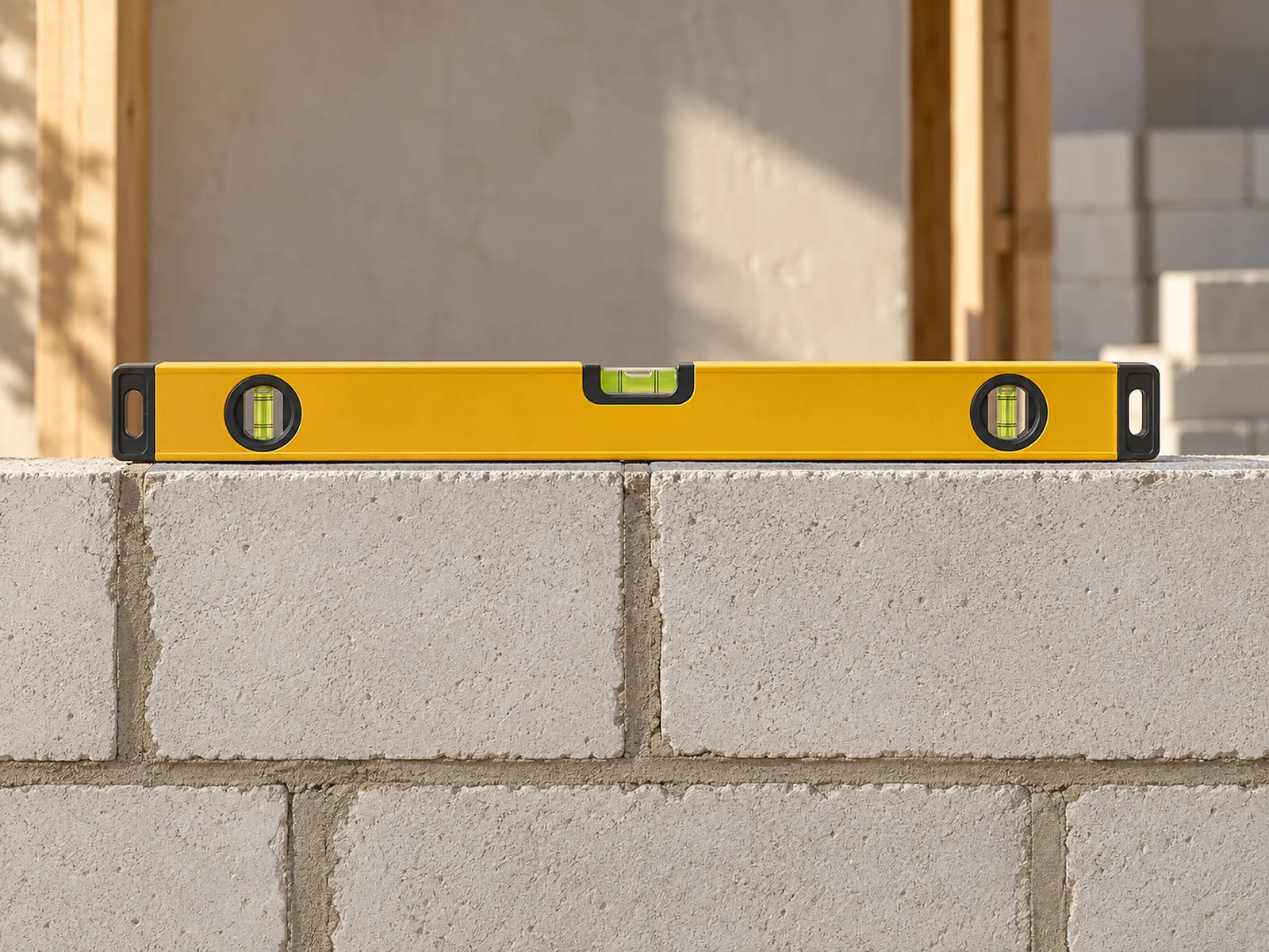 A spirit level resting on a fresh block wall