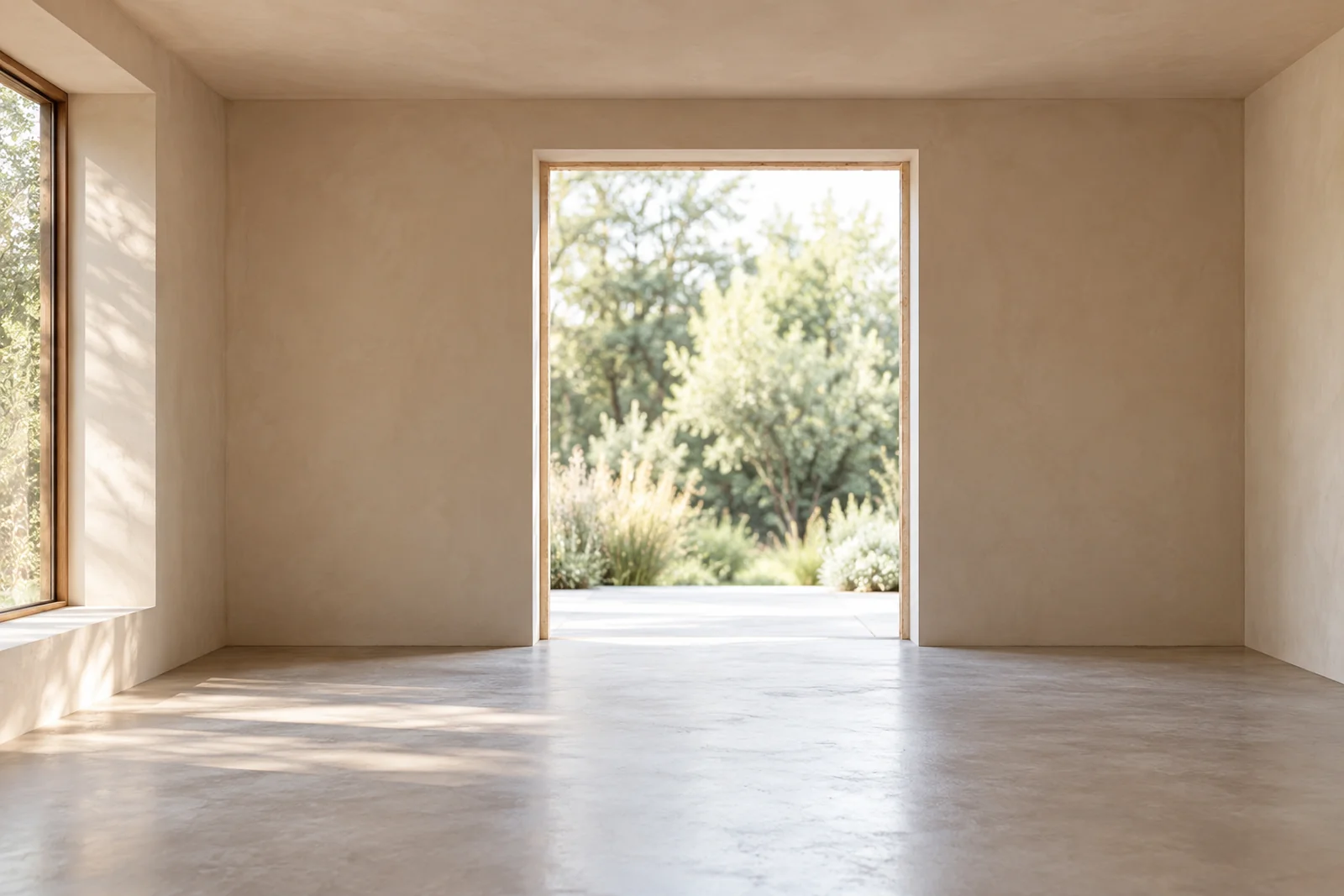 A cleared extension footprint seen from inside, fresh plaster and a new doorway