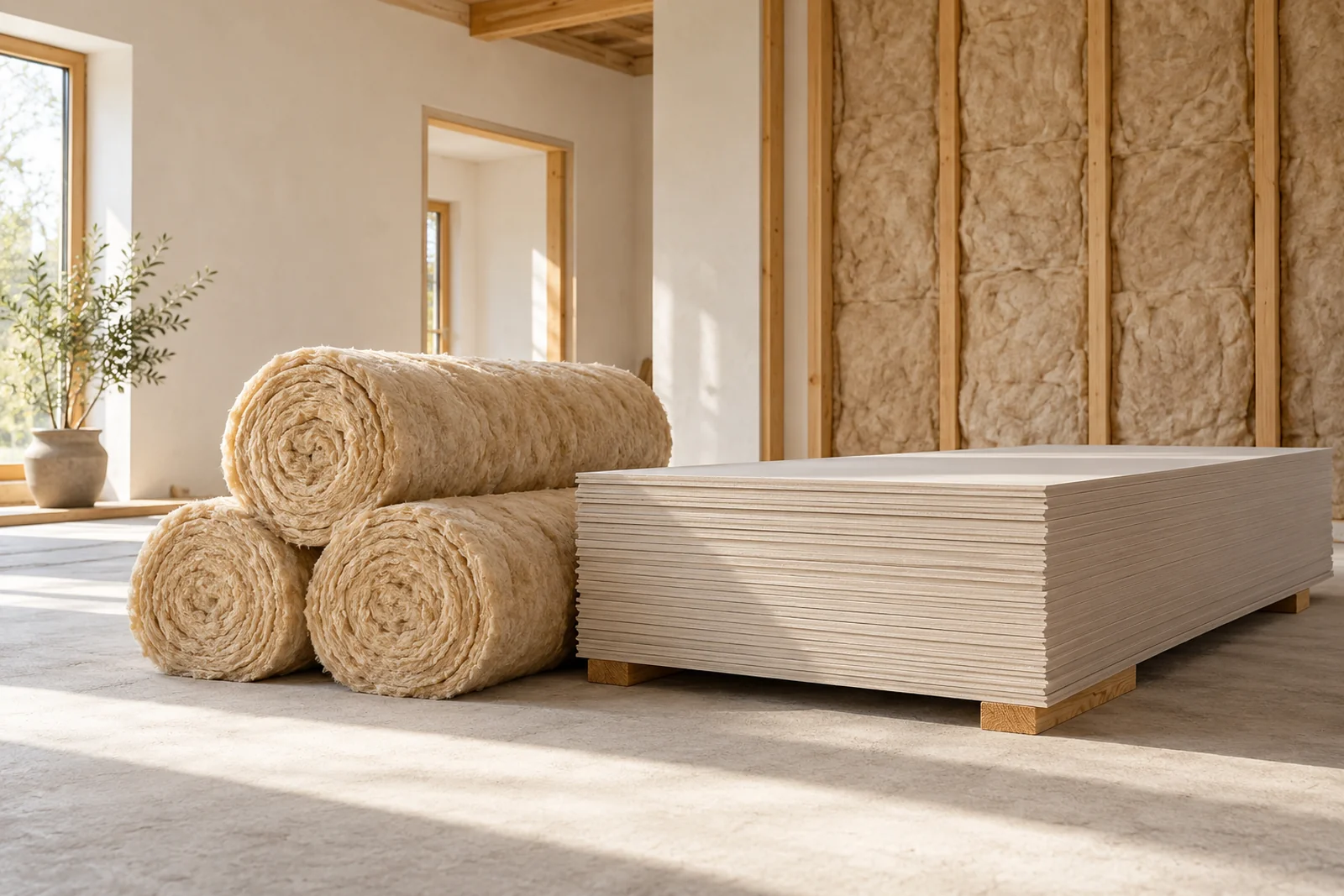 Rolls of insulation and a stack of boards in a clean, bright room mid-retrofit