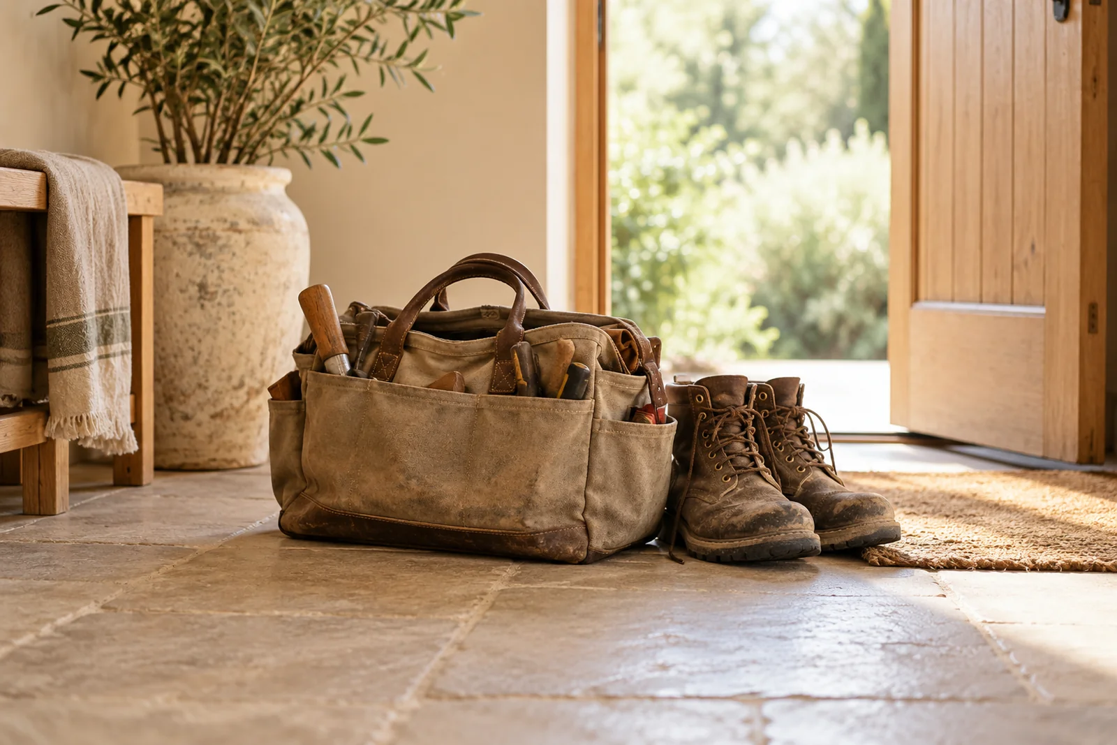 A single well-used tool bag and a pair of work boots by a doorway