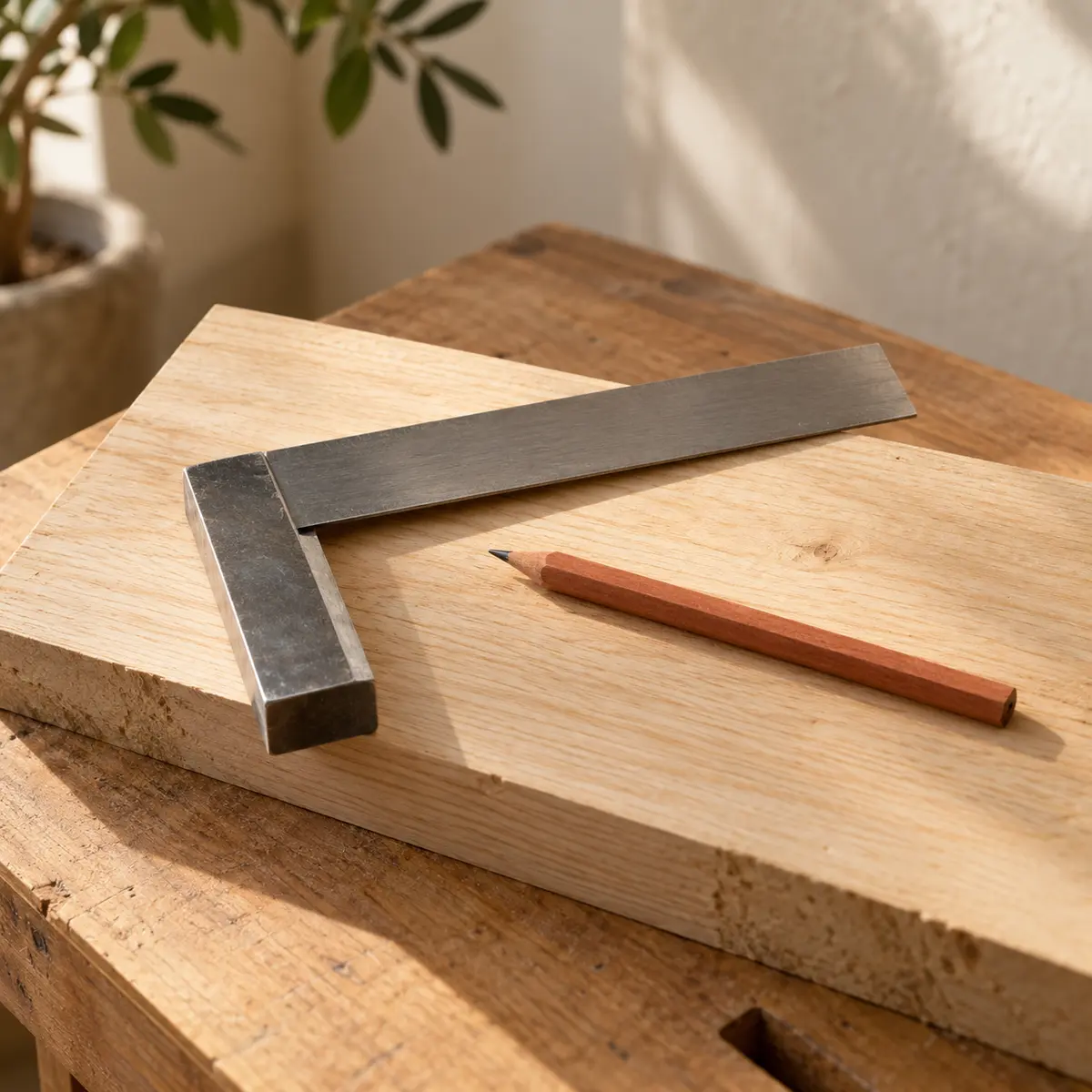 A carpenter's square and pencil on a clean timber offcut