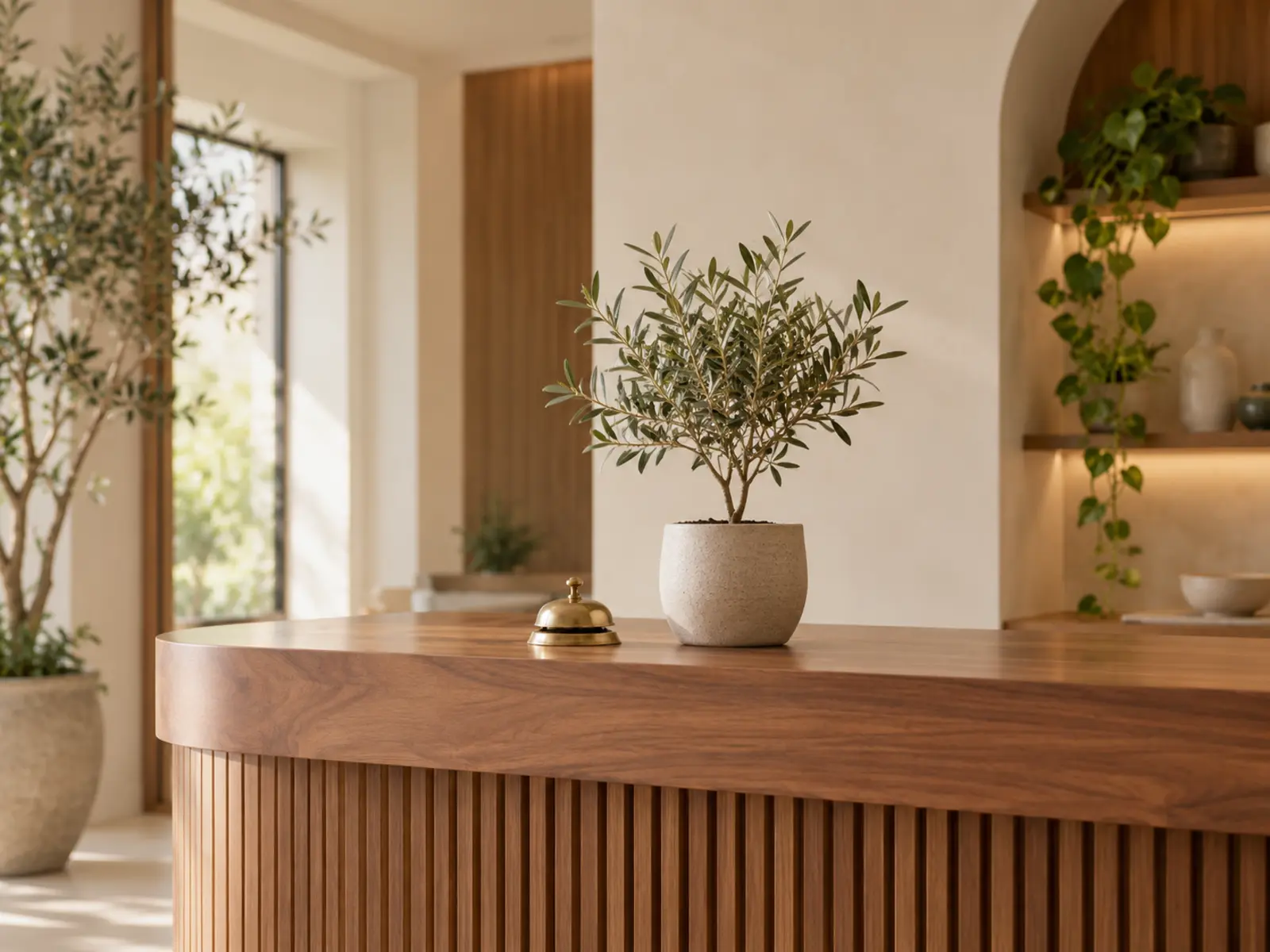 A clinic reception with a brass bell and a small olive tree