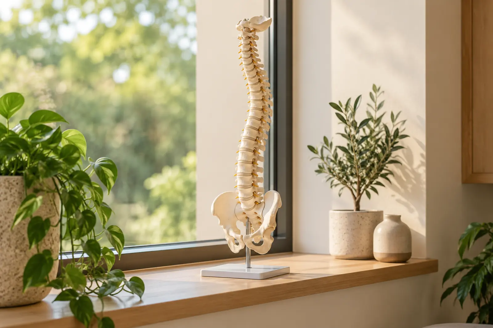 An anatomical spine model on a clinic windowsill