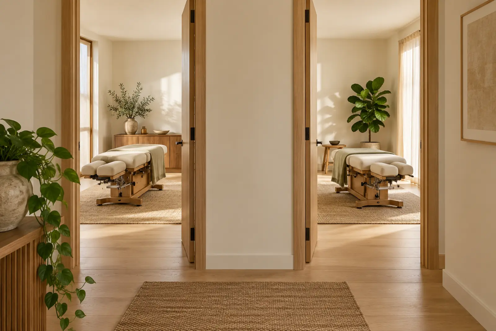 Two treatment rooms seen through open doors off a calm corridor