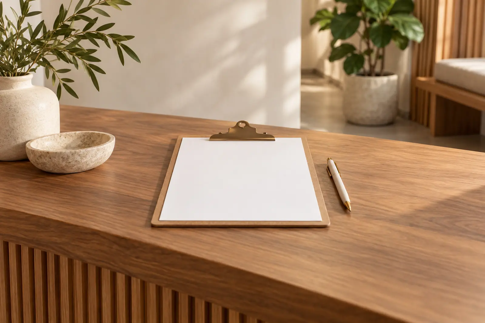 A clipboard with a blank intake form and a pen on a reception counter