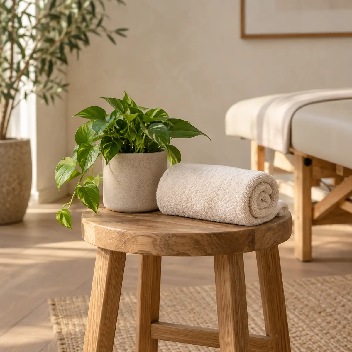 A rolled treatment towel and a small plant on a timber stool