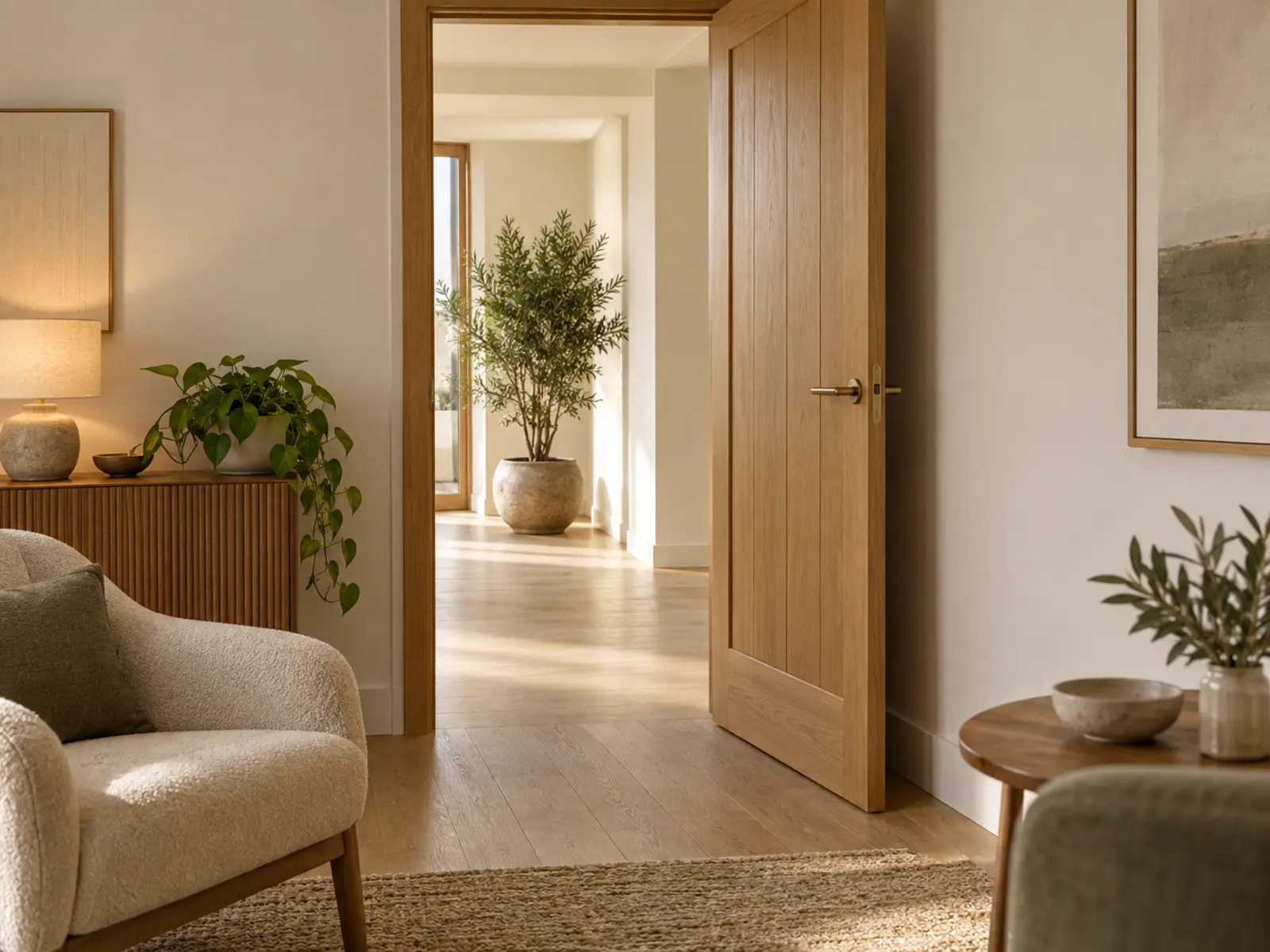 A calm room door ajar onto a quiet hallway with a plant