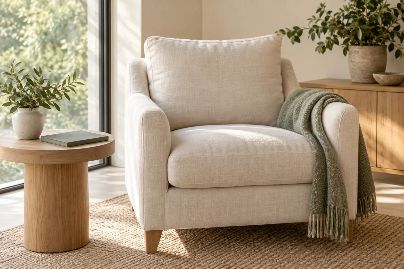 An armchair by a window with a folded blanket and a closed notebook