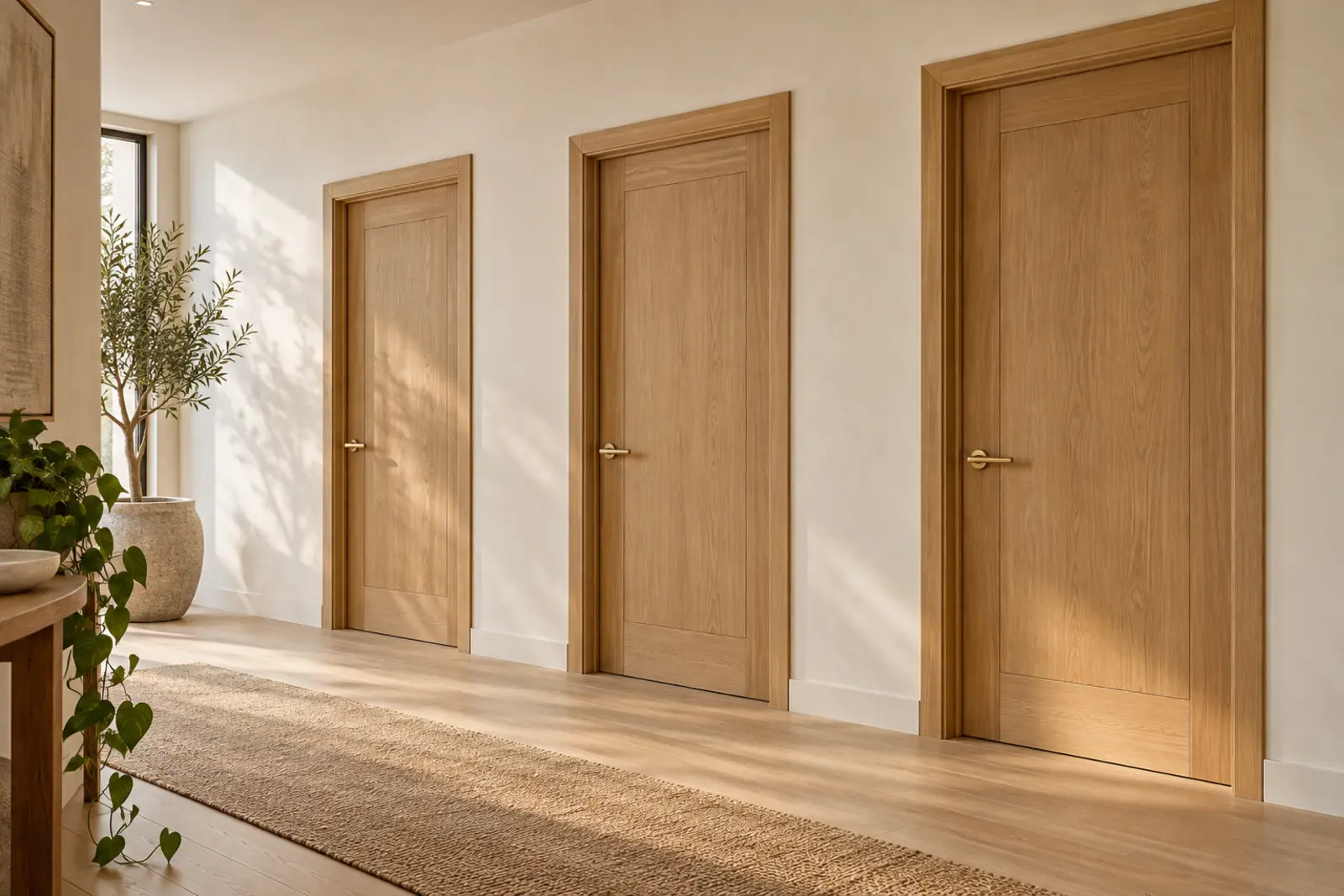 Three identical counselling room doors along a softly lit corridor