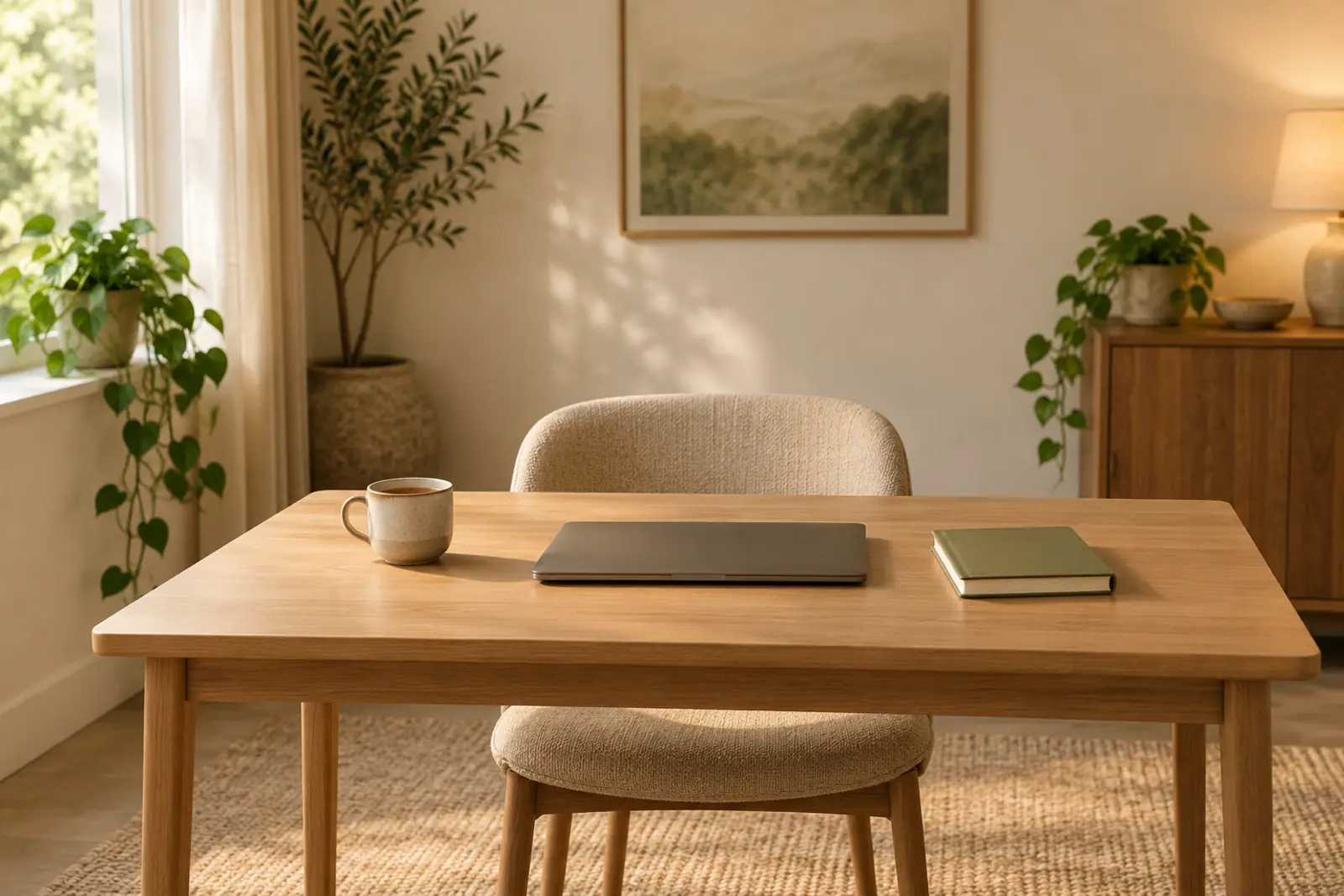 A closed laptop beside a cup of tea and a notebook on a small desk