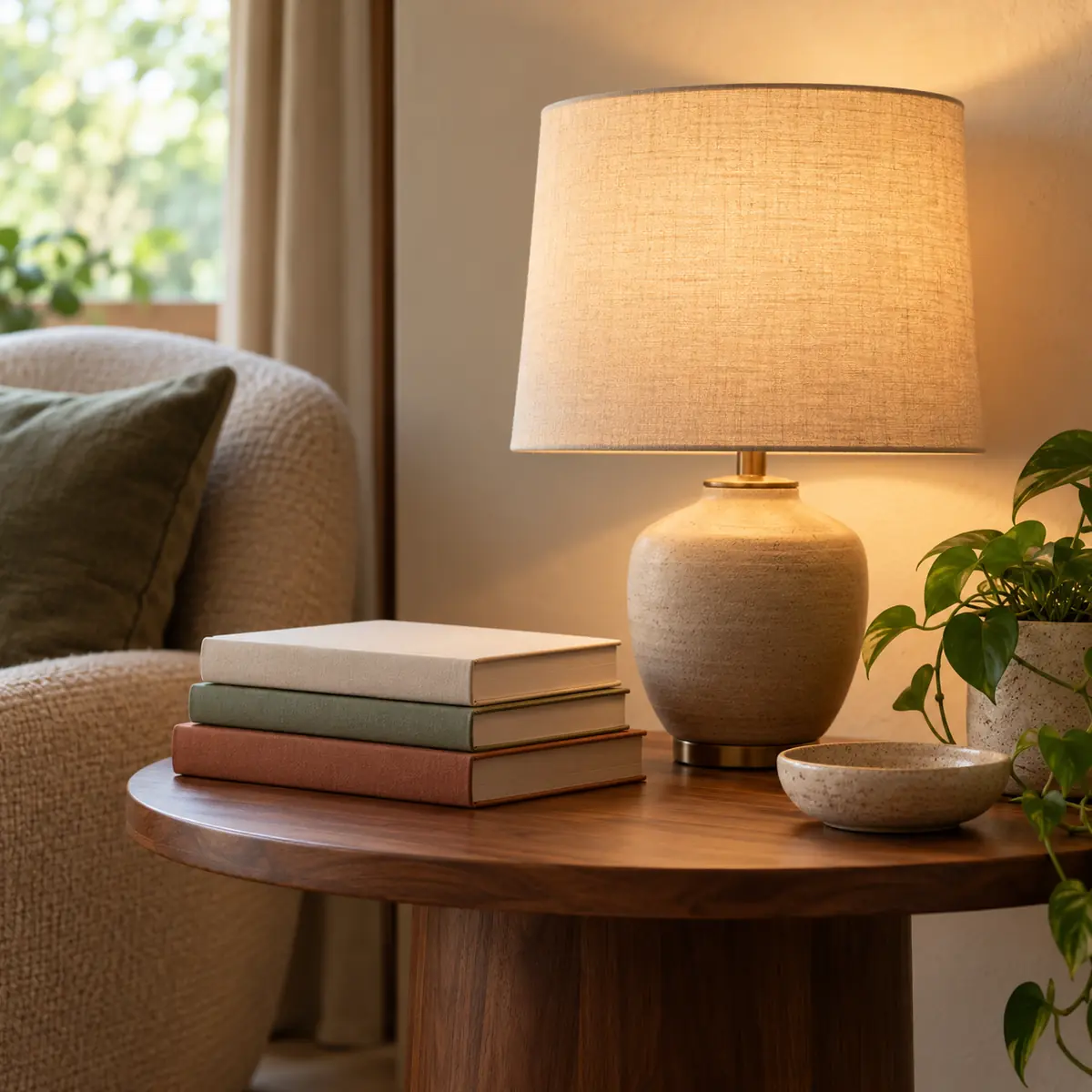 A single lamp glowing on a side table beside a stack of books