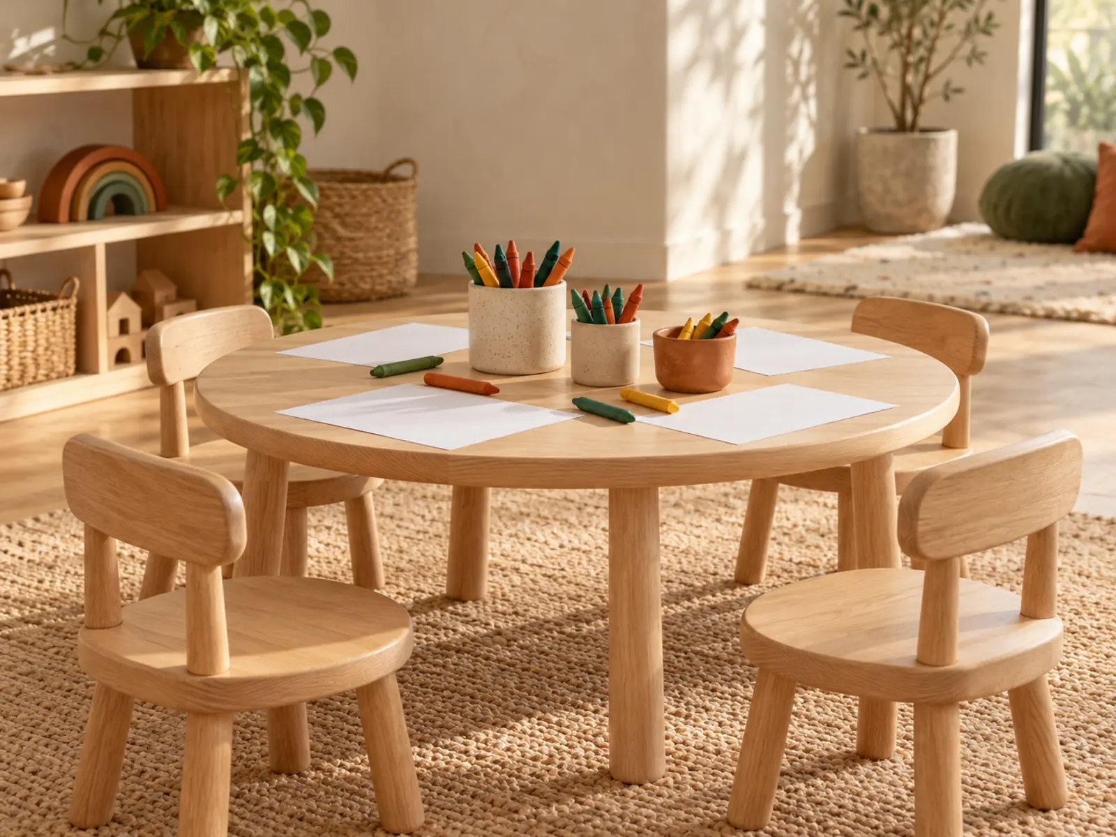 A low timber table set with crayons in stoneware pots and blank paper