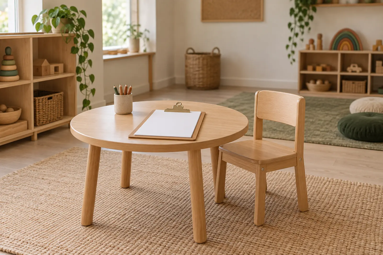 A clipboard of blank forms on a small table beside a child's chair