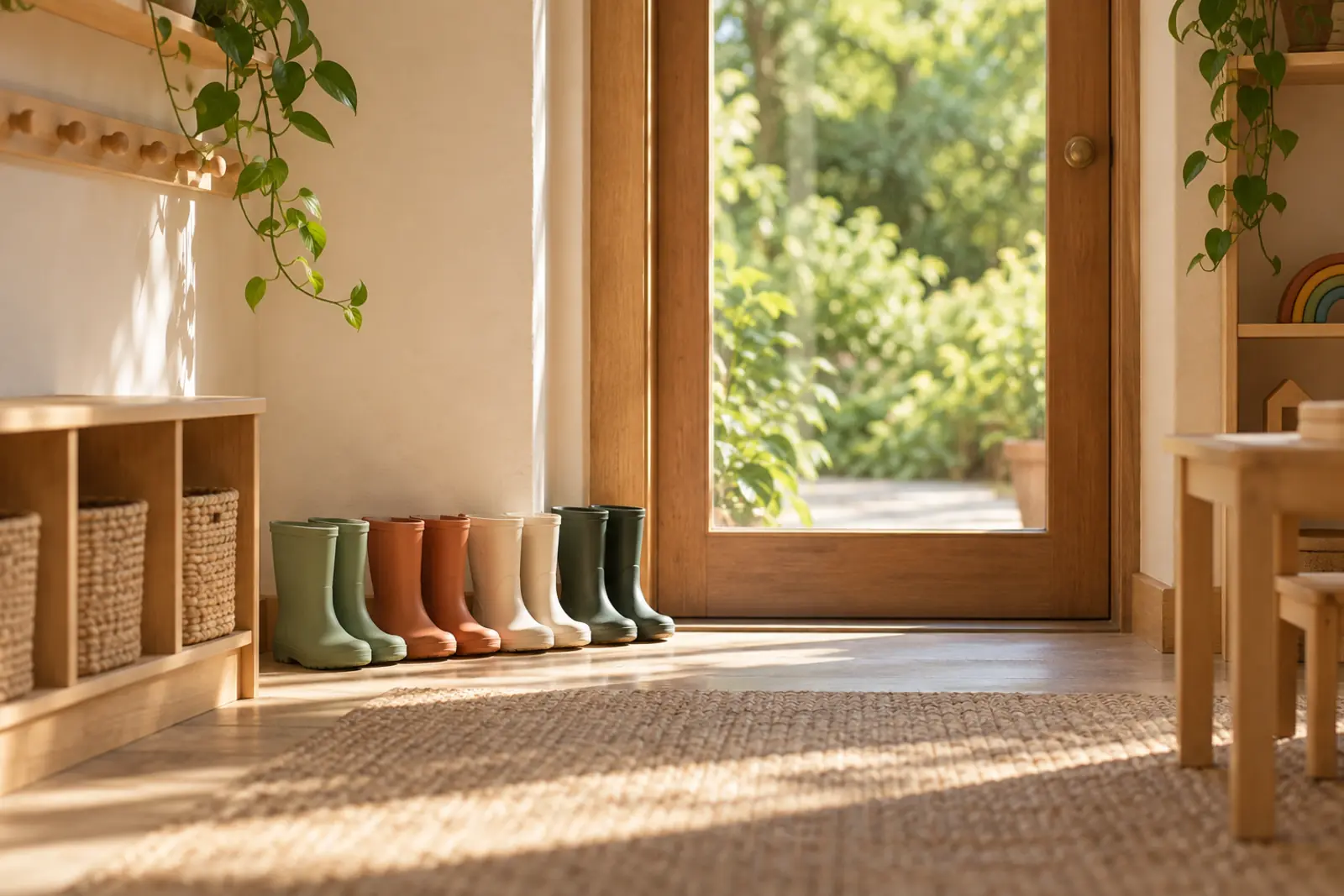 Wellington boots in a row by a garden door, summer light