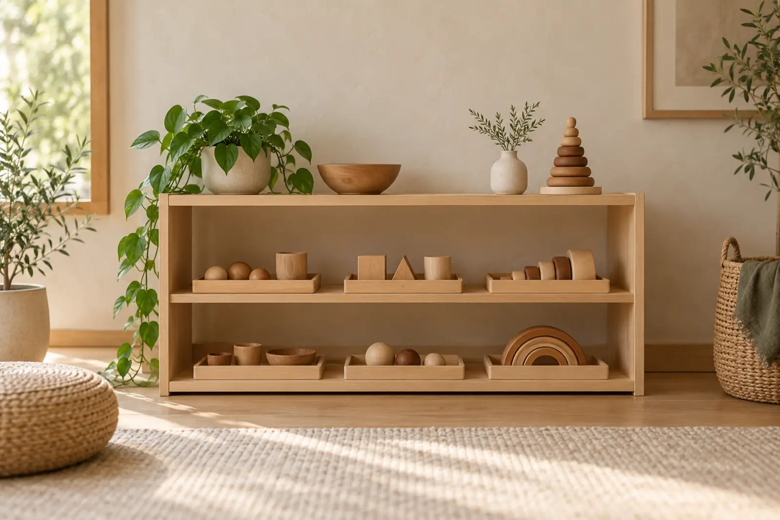 A Montessori shelf of natural wooden materials in neat trays