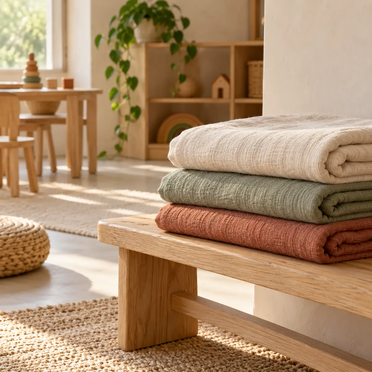 A stack of small folded blankets on a low bench