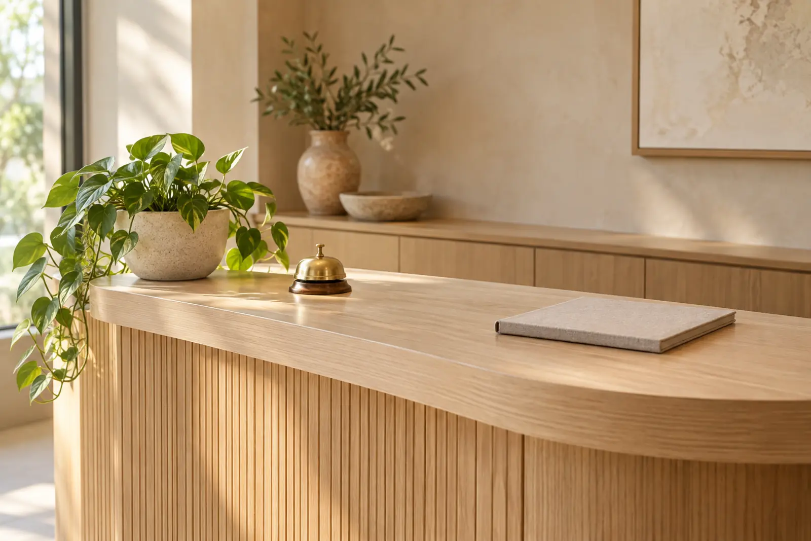 A practice reception desk with a brass bell, a small plant and a closed appointment book