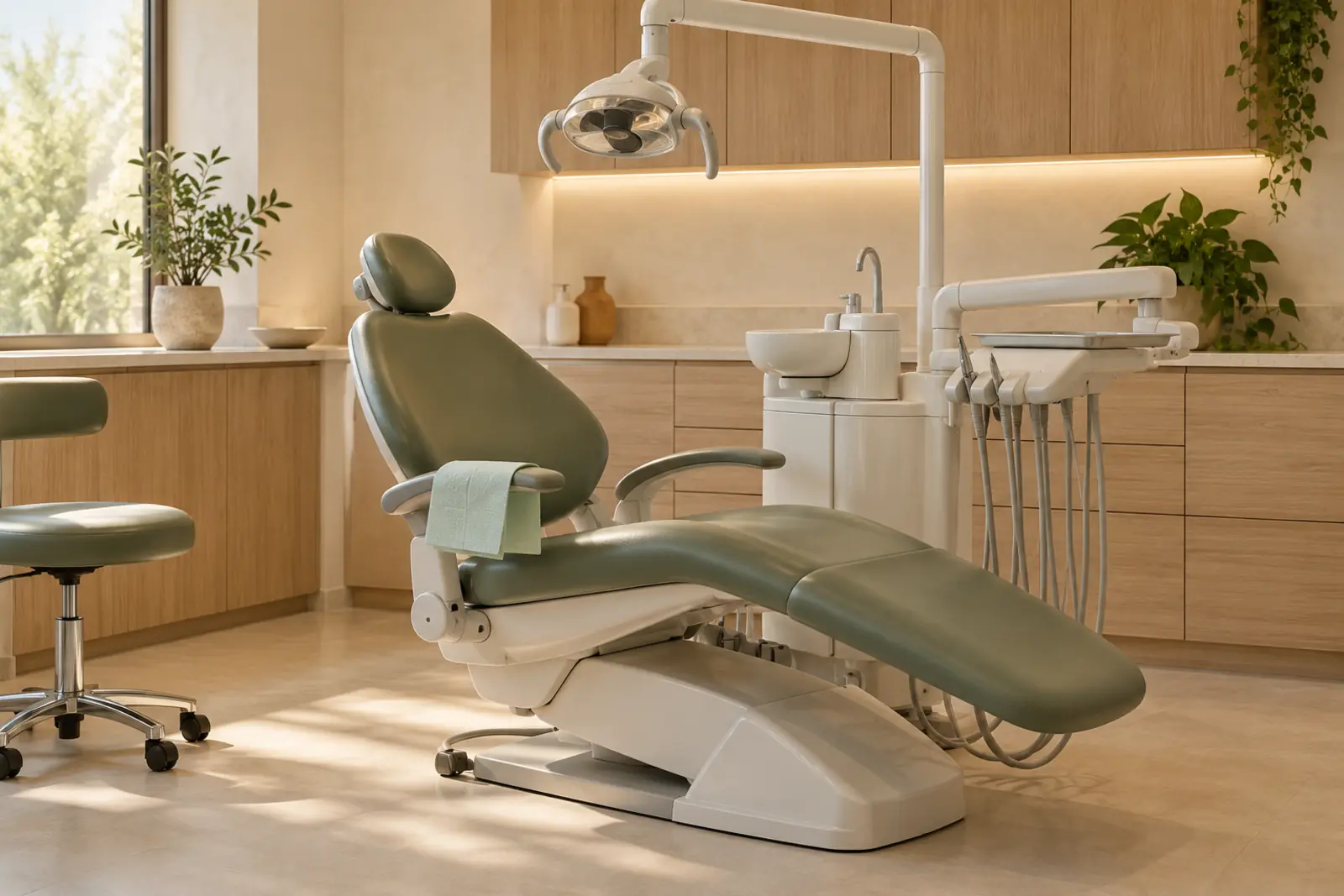 A dental chair reclined under its lamp, lamp off, with a folded bib on the armrest
