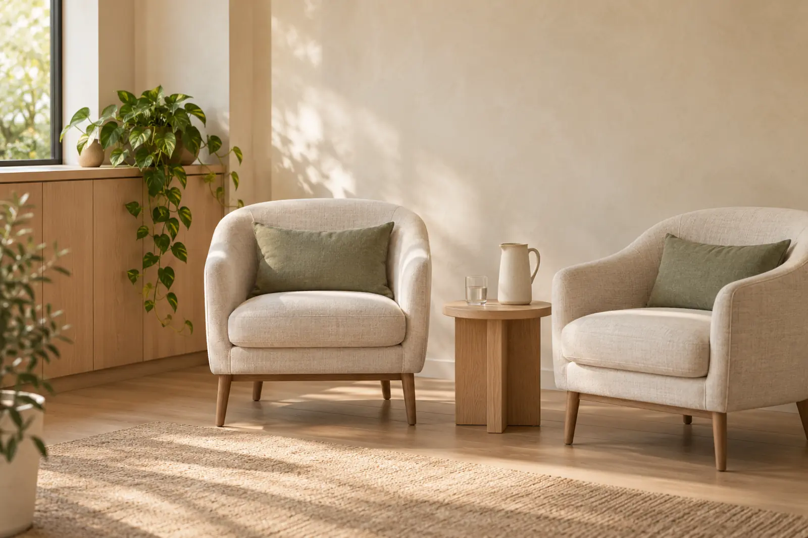 A waiting room with two linen armchairs, a side table with a jug of water and a trailing plant