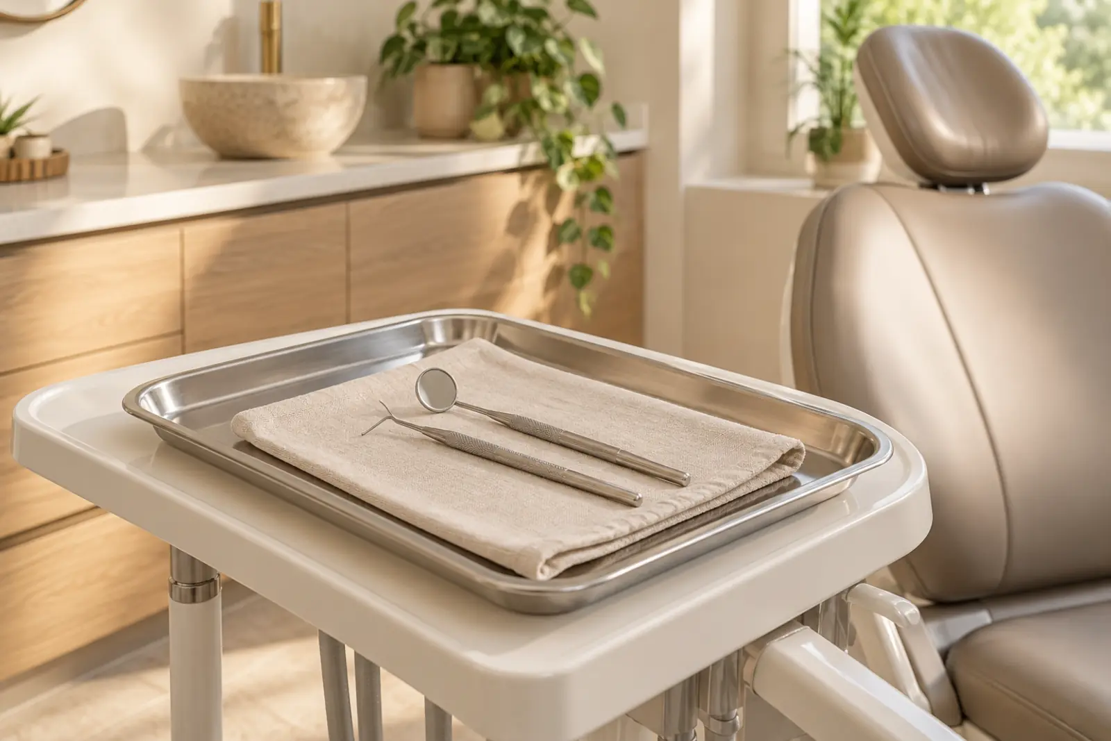 A clean steel instrument tray with a mirror and probe laid out on a linen cloth beside the chair