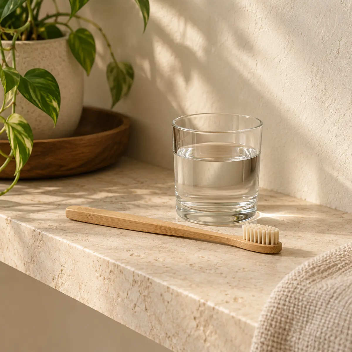A single wooden toothbrush and a small glass of water on a stone shelf