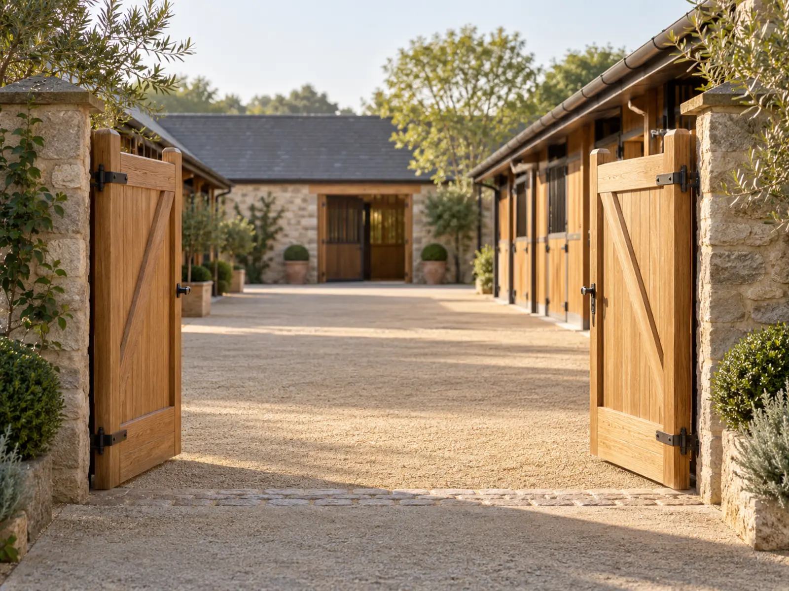 A stable yard gate open onto a swept yard in morning light