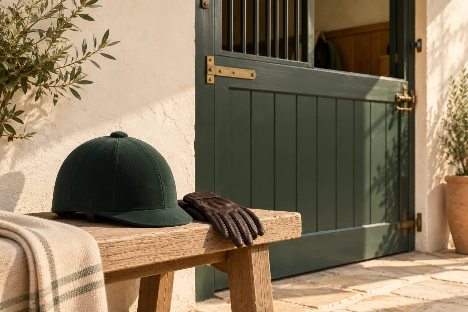 A riding hat and gloves on a bench outside a stable door