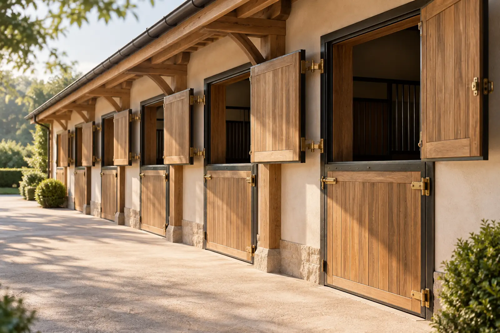 A row of stable doors along a clean yard, half doors open