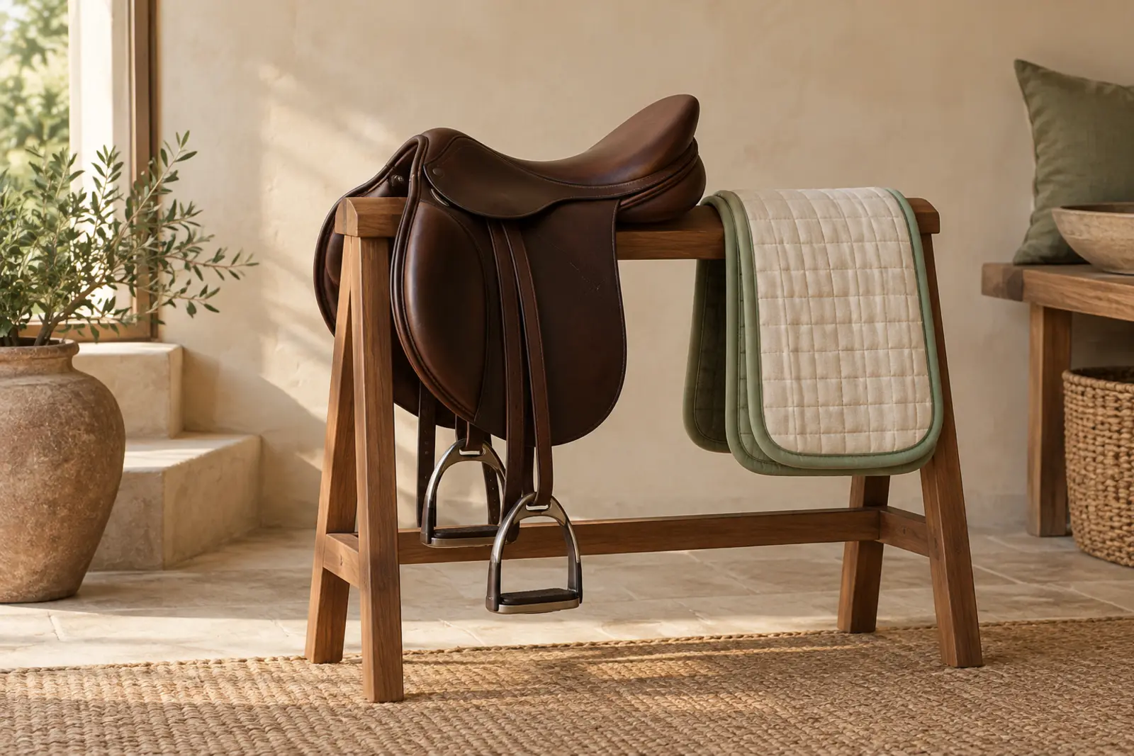A saddle on a stand beside a folded saddle cloth