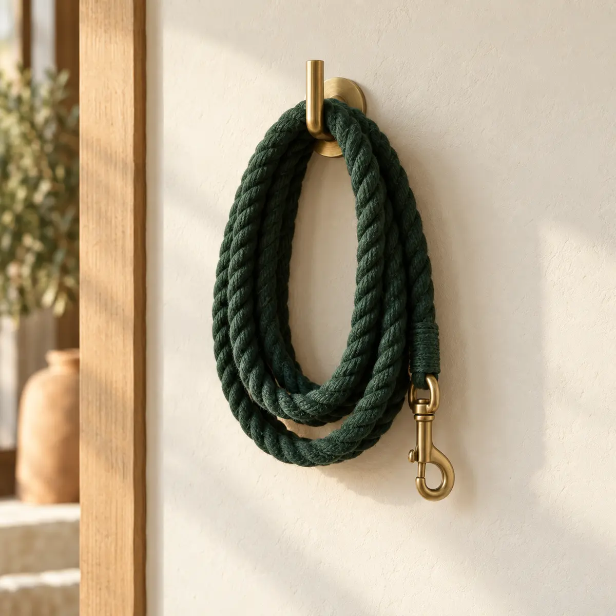 A coiled lead rope hung on a brass hook