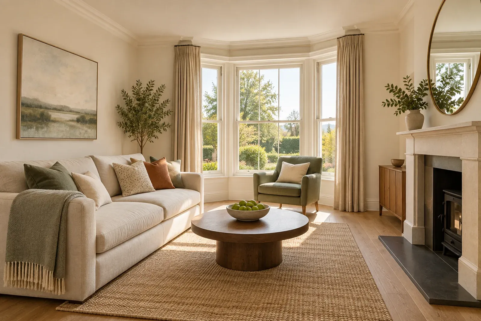 A freshly staged living room with a bay window, a fireplace and a bowl of green apples on the coffee table