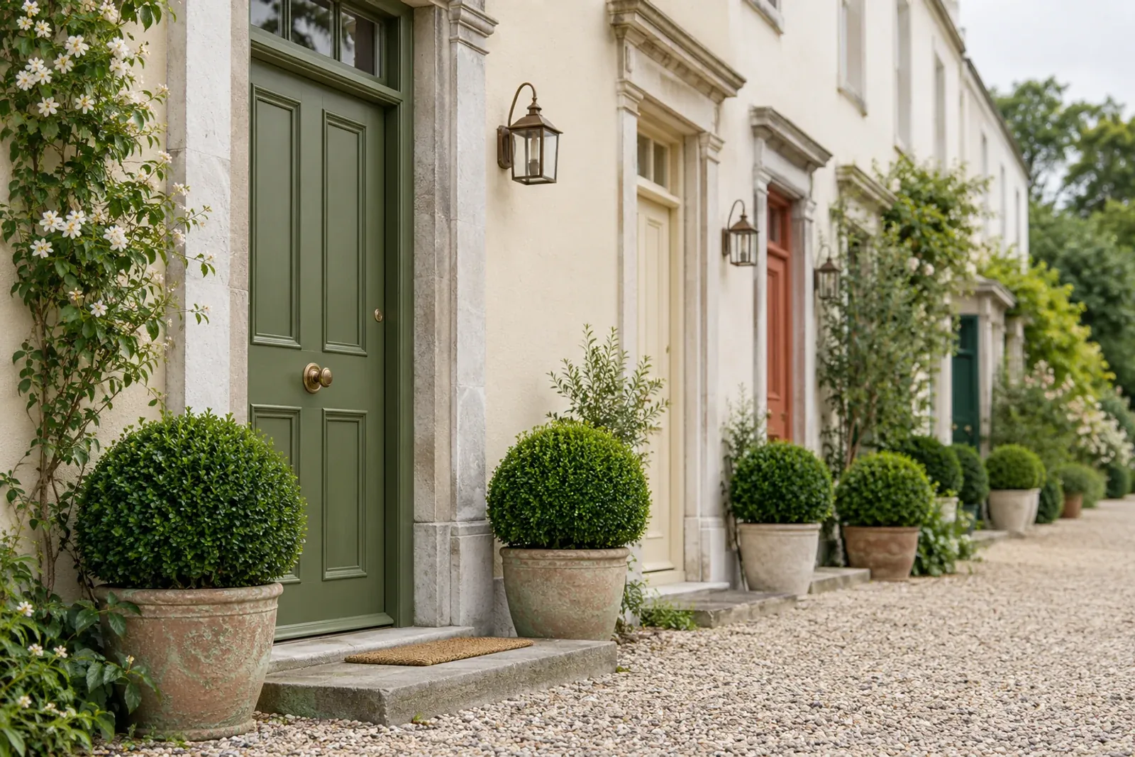 A row of painted Georgian front doors with clipped box balls along a gravel path
