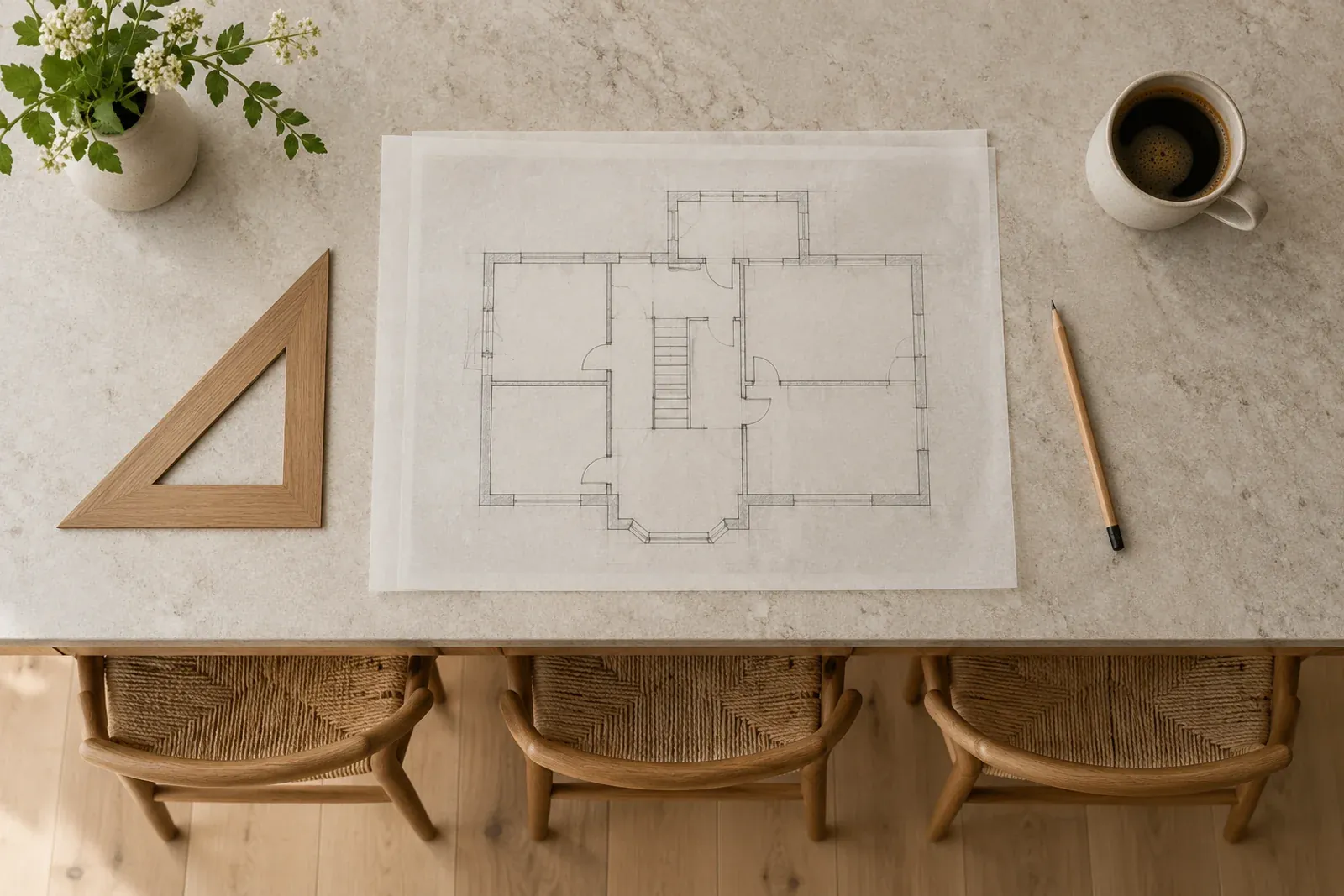 A pencil floor plan on tracing paper with a set square and a cup of coffee on a kitchen island