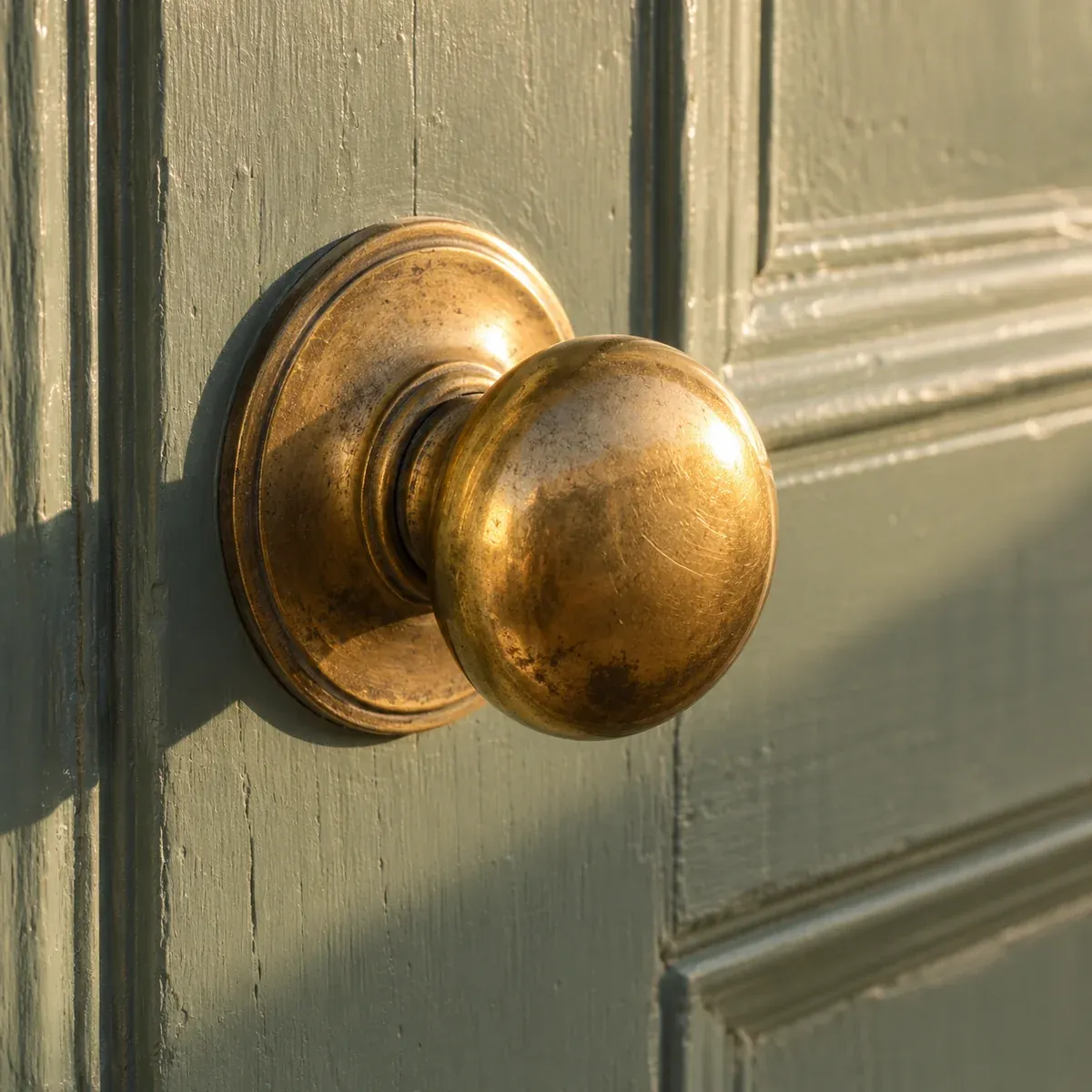 A worn brass knob on an old painted front door