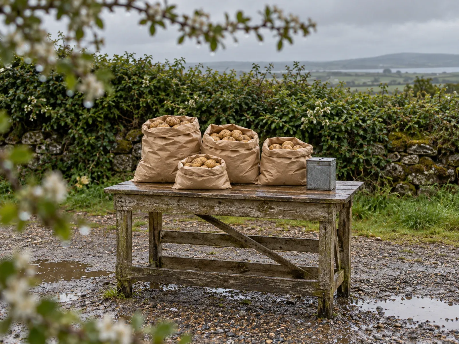 A farm-gate table of potatoes in paper sacks with a tin honesty box under a hawthorn hedge