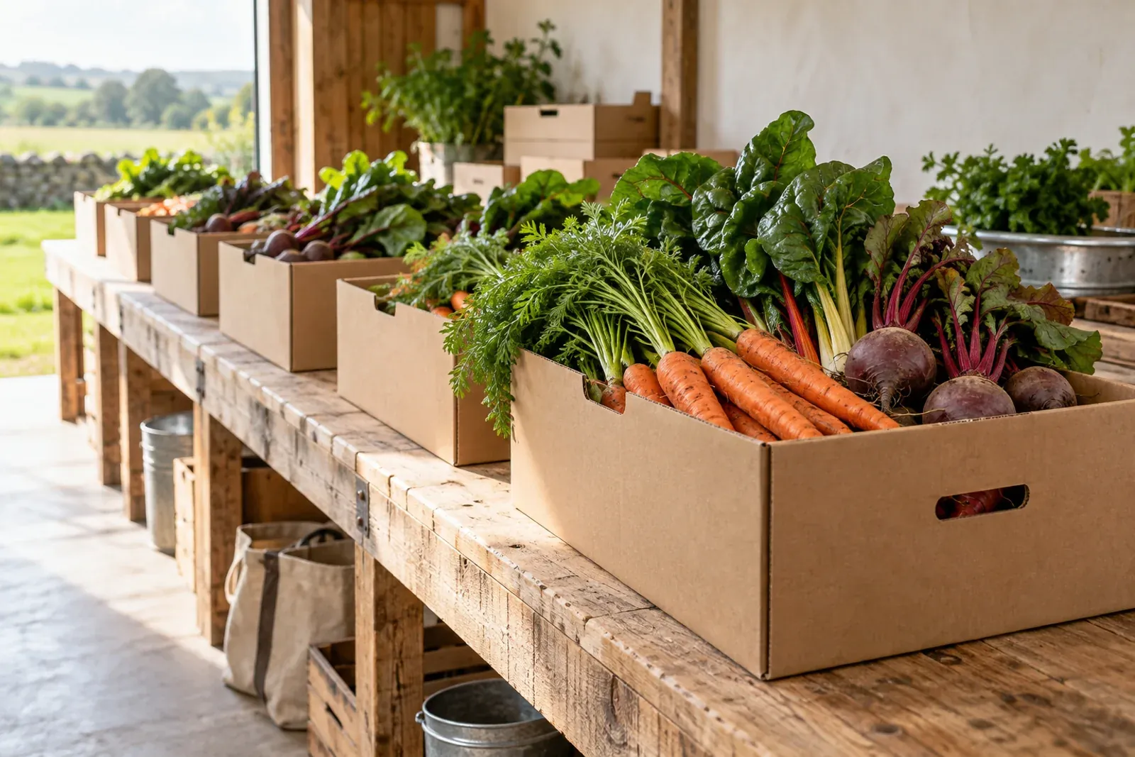 Kraft veg boxes being packed with carrots, chard and beetroot along a timber bench