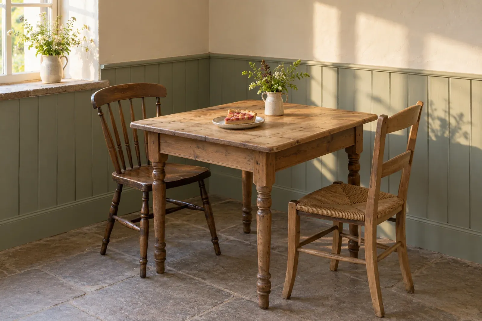 A farm shop café corner with a pine table, two chairs and a slice of rhubarb tart