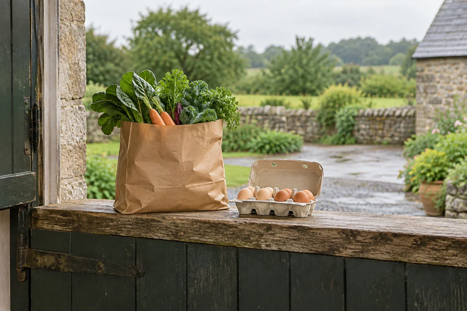 A paper bag of vegetables and a box of eggs waiting on a stable half-door for collection