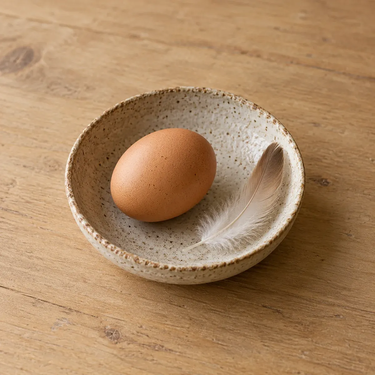 A single brown egg and a feather in a speckled stoneware dish