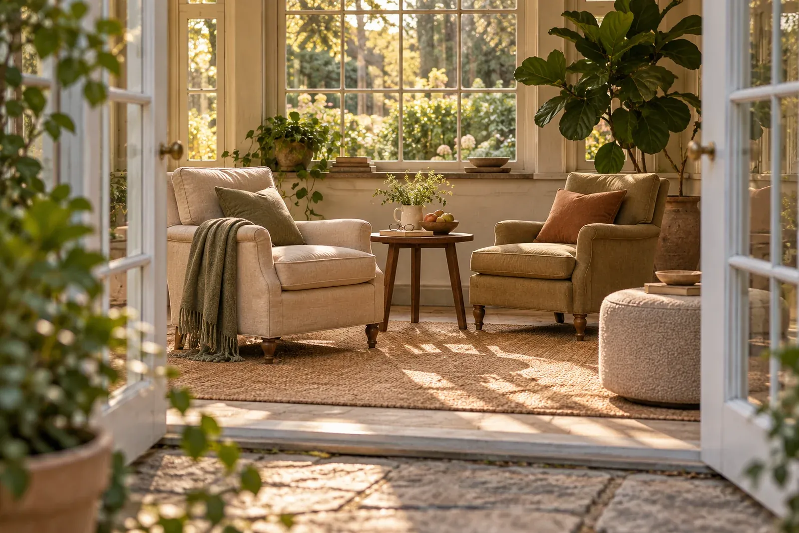 A sunroom seen through open French doors, with two armchairs and reading glasses on a side table