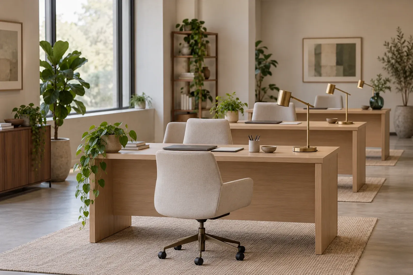 A row of oak desks with brass lamps in a bright open-plan office